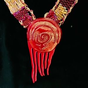 VTG Red Spiral Glass Necklace Pendant Boho Hippie Gold Yellow Bead Braid Woven